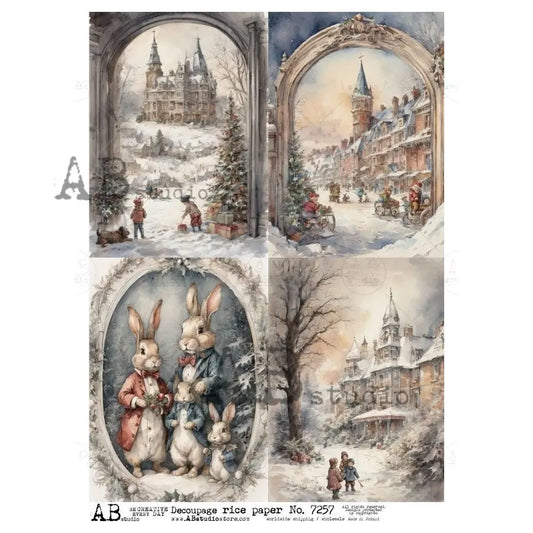 AB Studio, Rice Paper, Christmas, Winter, Village, Landscape, Bunnies, Vintage Style,  Squares, 7257, A4 8.27 X 11.69 Decoupage, Mixed Media AB Studio