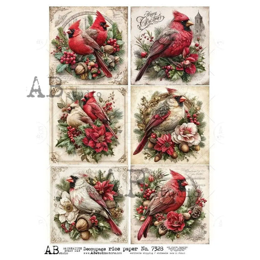 AB Studio, Rice Paper, Christmas, Cardinals, Flowers, Squares, Tags, 7328, A4, 8.27 X 11.69, Decoupage, Mixed Media AB Studio