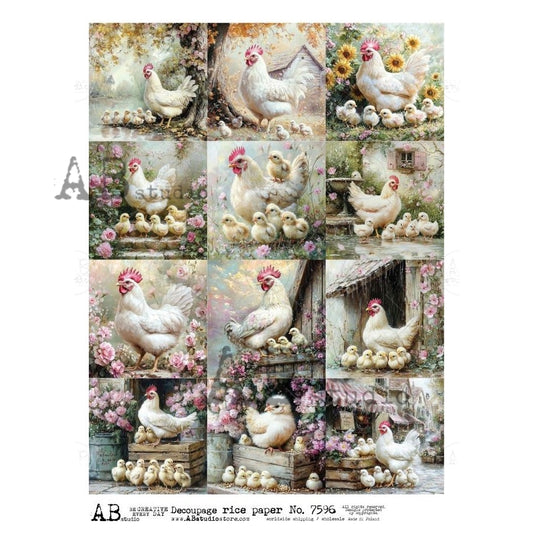 AB Studio Rice Paper, Hens, Chickens, Chicks, Squares, A4, 8.27 x 11.69, Mixed Media, Decoupage, ID-7596