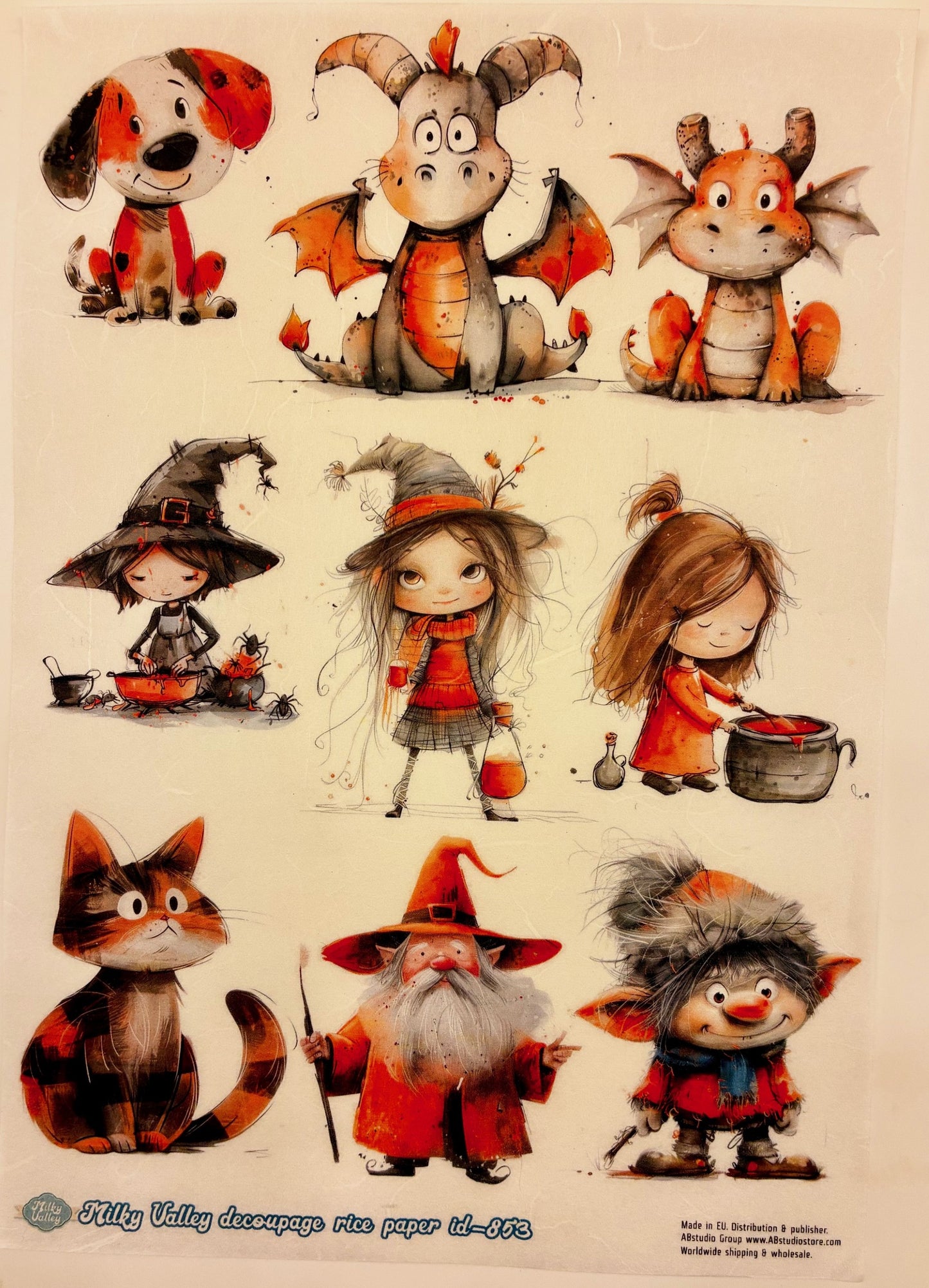 AB Studio, Rice Paper, Milky Valley, Halloween, Characters, Dragons, Cats, Witches, A4 8.27 x 11.69, Mixed Media, Decoupage, ID-853