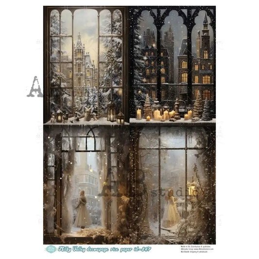 AB Studio, Milky Valley, Rice Paper, Christmas, Window Night Time Scene, Candles, Squares, Decoupage, Mixed Media, ID-867, A4 8.27 x 11.69 AB Studio