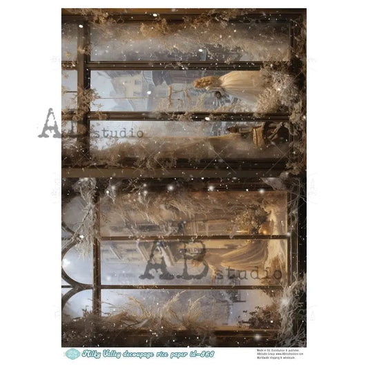 AB Studio, Milky Valley, Rice Paper, Christmas, Window Night Time Scene, Candles, Squares, Decoupage, Mixed Media, ID-868, A4 8.27 x 11.69 AB Studio