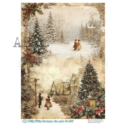 AB Studio, Rice Paper, Christmas, Winter, Snow, Tree, Vintage Style, A4 8.27 x11.69, Mixed Media, Decoupage, ID-884