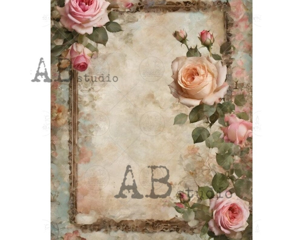 AB Studio, Rice Paper, Decoupage, Mixed Media, Vintage Style, Pink Roses, Flowers, Frame, Shabby Chic, 2024, 5314 A4 8.27 X 11.69