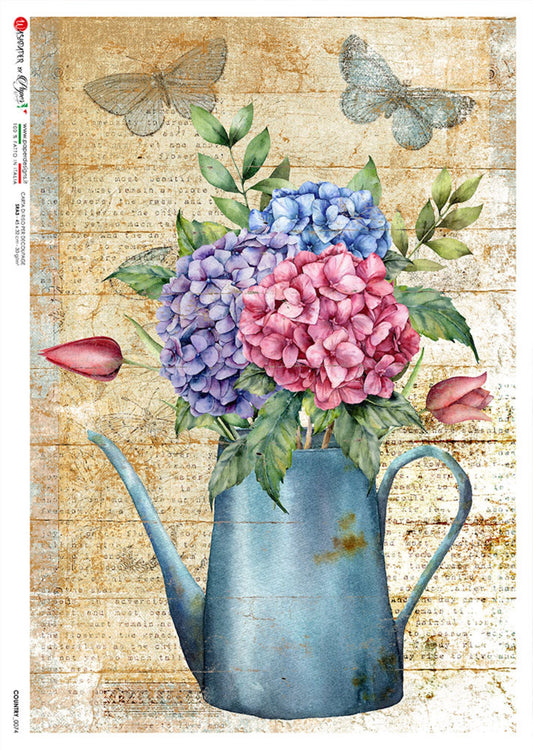 Paper Designs Hydrangeas in a Vase, Country 0074-A4 Size: A4 - 8.3" X 11.7" Rice Paper for Decoupage, flowers, butterflies, vase