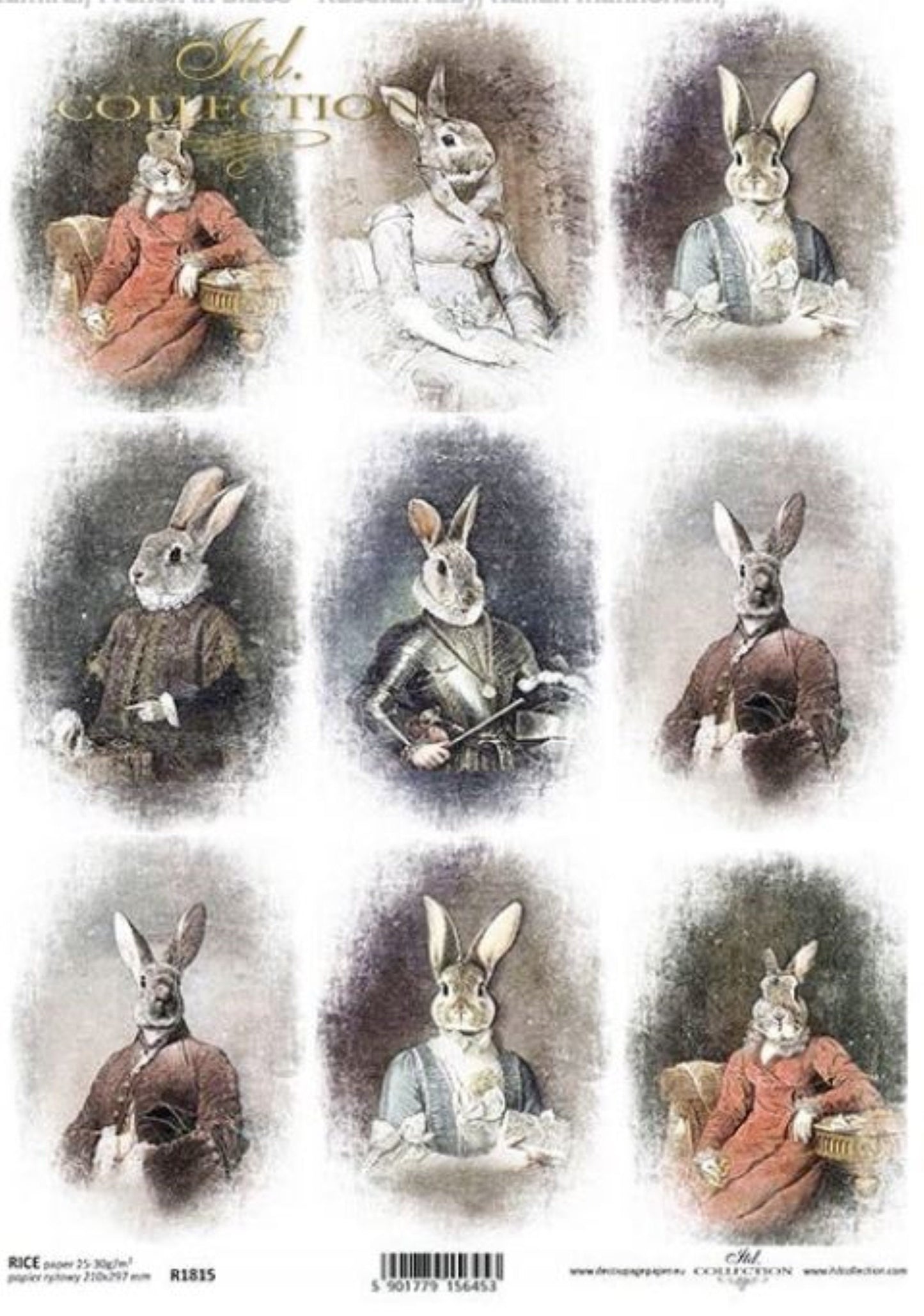 ITD Collection Bunny Portraits III R1815 Rice Paper for Decoupage, Rabbits in historical costumes, A4