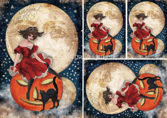 Decoupage Queen, Vintage Style, Witch, Pumpkin, Moon, Black Cat, Minis, Halloween, DQRP_0310-A4, 8.3" X 11.7" Rice Paper for decoupage