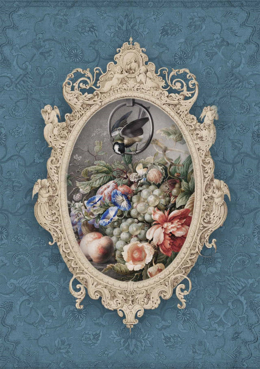 Decoupage Queen, Dainty and the Queen, Maximalist Frame, Rice Paper,  DQRP_0213-A4 8.3 x 11.7, 210 x 297 mm, Vintage Frame, Bird, Flowers