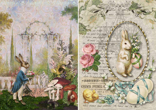 Decoupage Queen, Two Bunnies, Easter, Spring, Decoration,  Vintage Style, 0252,  A4  8.3" X 11.7"  Rice Paper for Decoupage