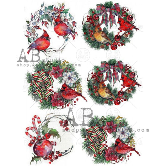 AB Studio, Christmas, Cardinal, Wreaths, Ornaments, Rounds, Holiday, 0223 A4 8.27 X 11.69 Rice Paper, Decoupage, Imported from Poland