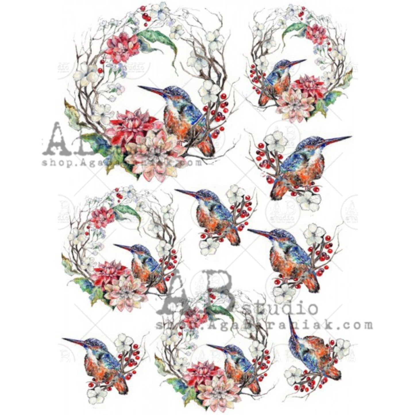 AB Studio Blue Bird Flower Twig Wreath Rounds 0234 Size: A4 - 8.27 X 11.69 inches Rice Paper for Decoupage Imported from Poland