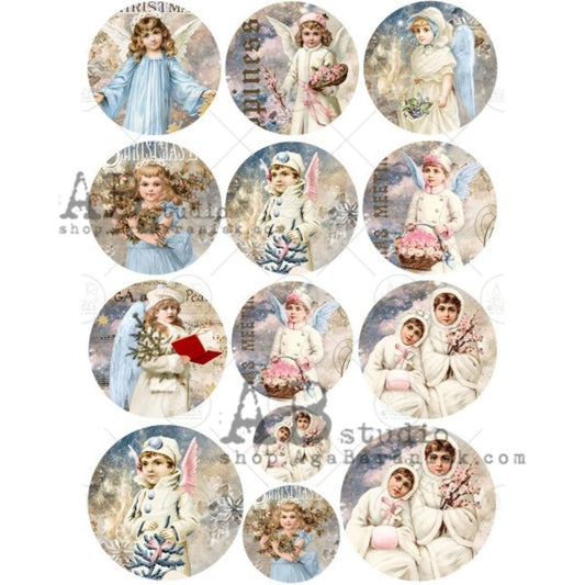 AB Studio, Rice Paper for Decoupage, Christmas, Vintage Children, Angels Rounds, Ornaments, 0359, A4 8.27 X 11.69  Imported from Poland