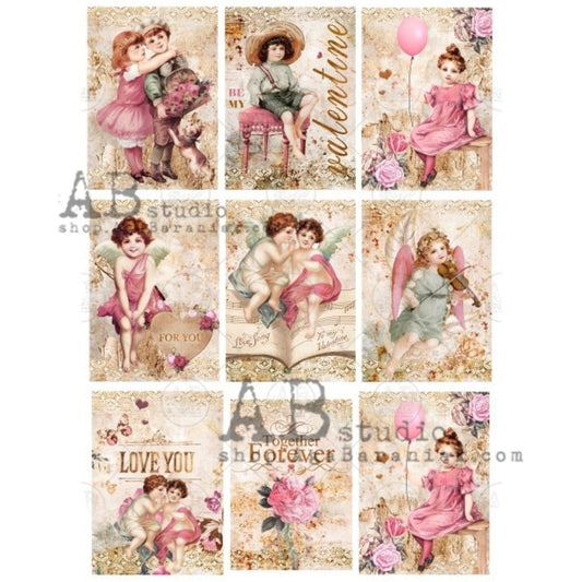 AB Studio Shabby Chic Vintage Valentine Child Angels Cupids Squares 0369 Size: A4 - 8.27 X 11.69 inches Rice Paper Decoupage Imported Poland