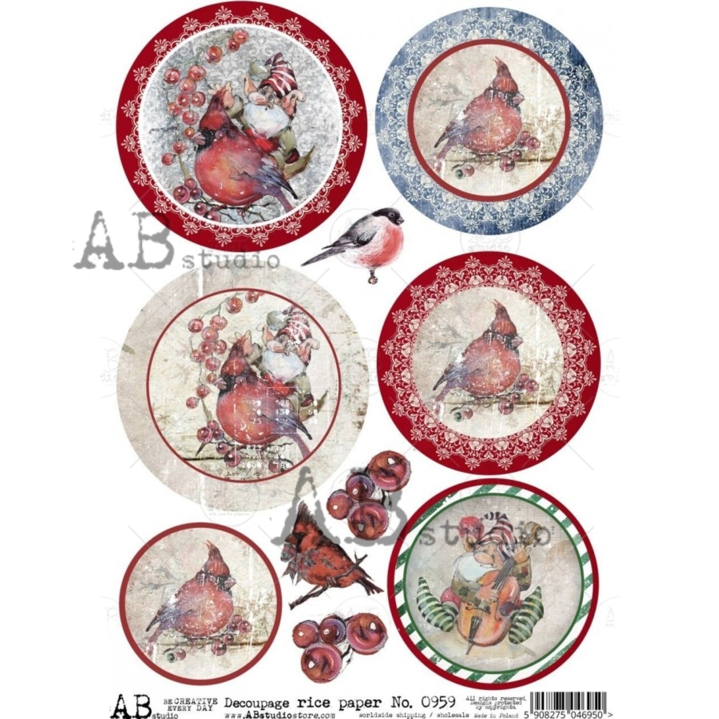 AB Studio, Christmas, Cardinal, Rounds, Ornaments, 0959, A4 8.27 X 11.69, Rice Paper for Decoupage Imported from Poland