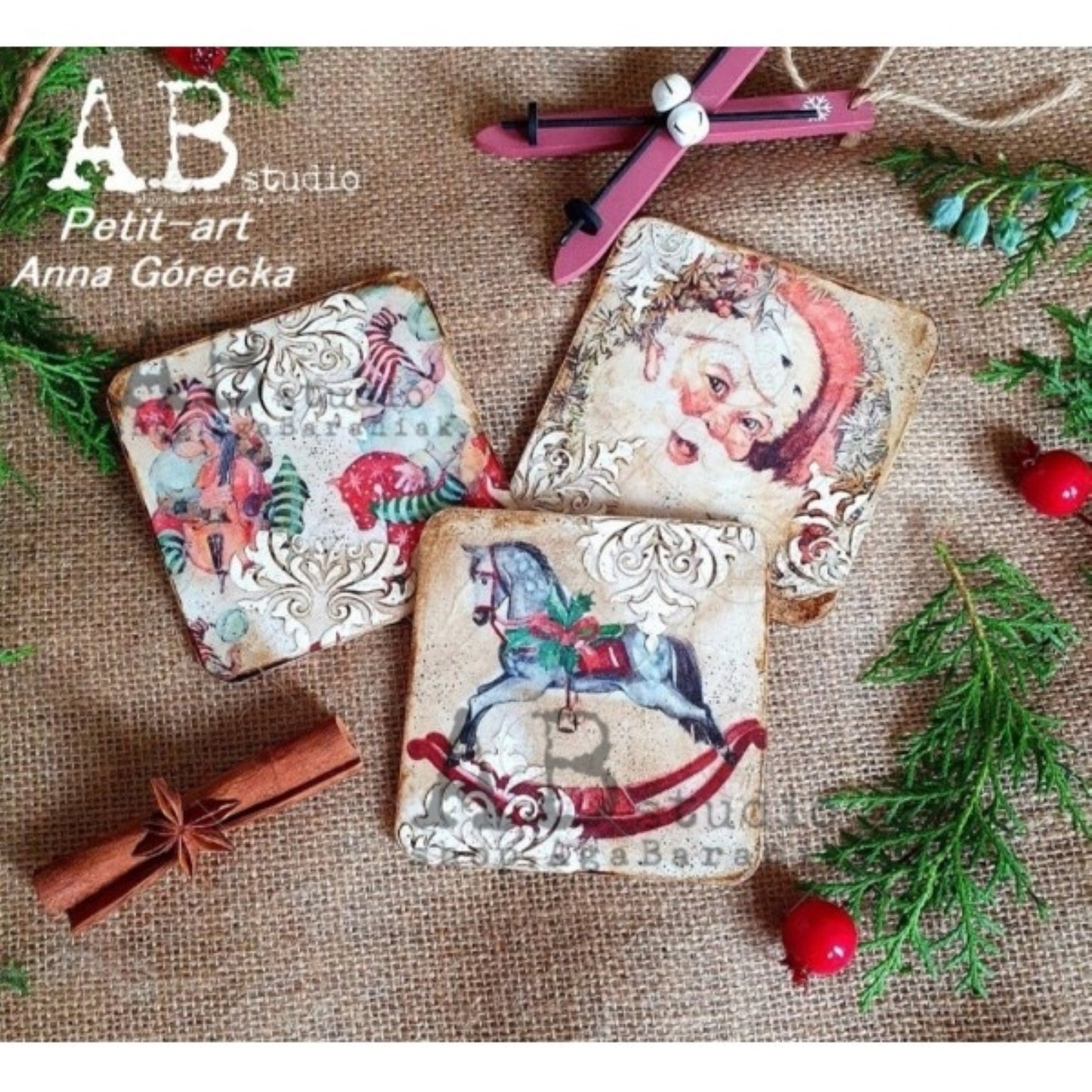 AB Studio Christmas Vintage Santa Rounds 0344 Size: A4 - 8.27 X 11.69 inches Rice Paper for Decoupage Imported from Poland
