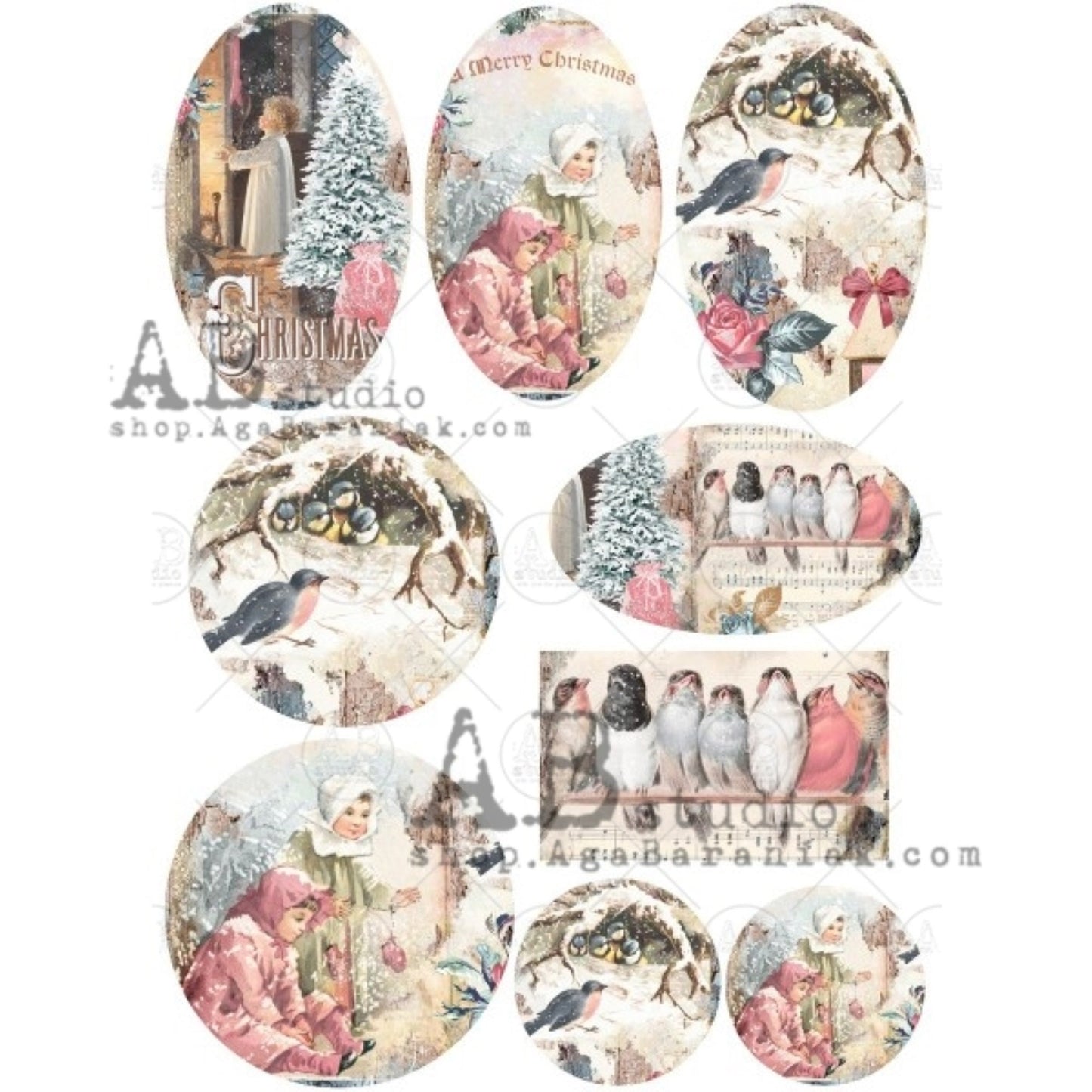 AB Studio Christmas Vintage Children Birds #0368 Shabby Chic Size: A4 - 8.27 X 11.69 inches Rice Paper for Decoupage Imported from Poland