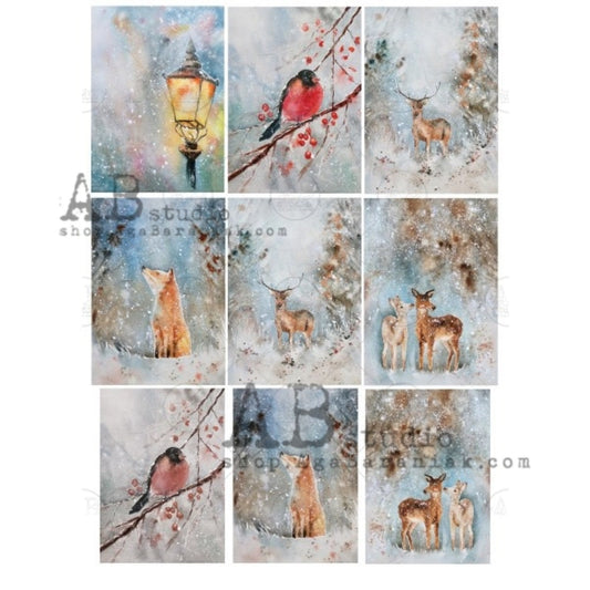 AB Studio Christmas Baby Reindeer Birds Winter Scene #0455 Size: A4 - 8.27 X 11.69 inches Rice Paper for Decoupage Imported from Poland