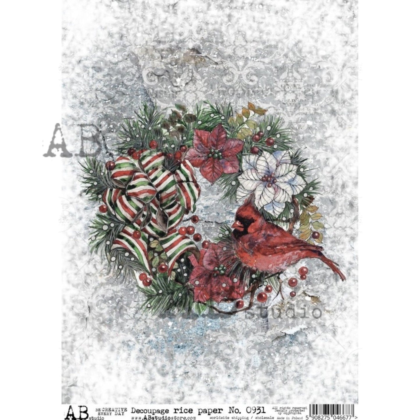 AB Studio Christmas Cardinal Wreath #0931 Size: A4 - 8.27 X 11.69 inches Rice Paper for Decoupage Imported from Poland