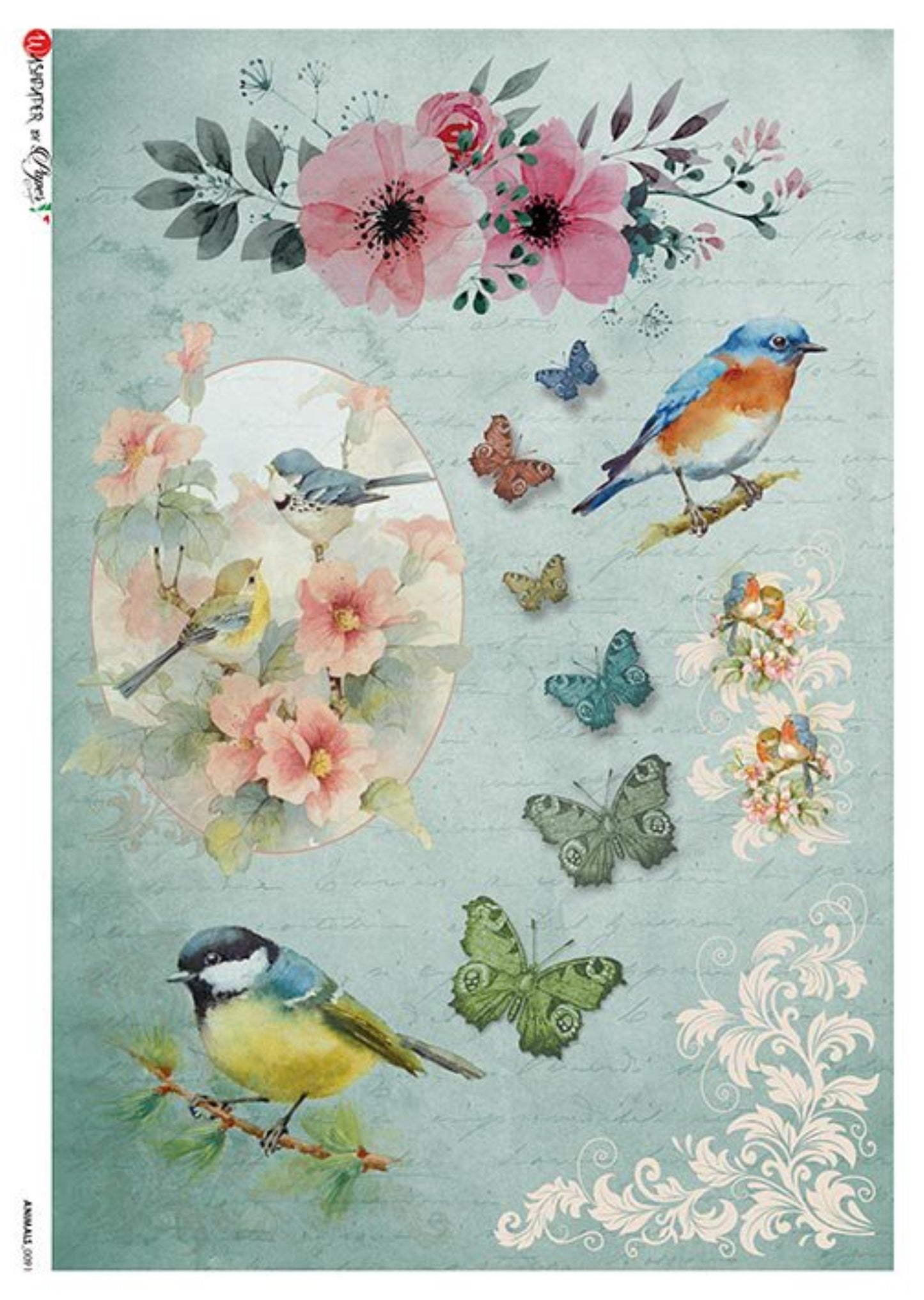 Paper Designs Animals 0091 Rice Paper Birds and Butterflies, flowers, PD ANIMALS 0091-A4 Designed in Italy, decoupage