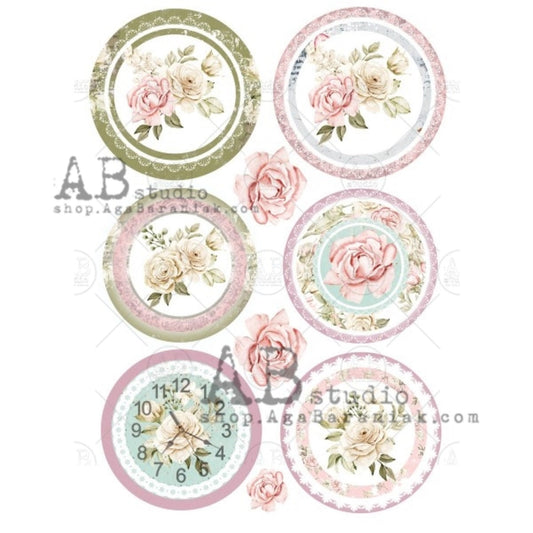 AB Studio Shabby Chic Roses Rounds Rice paper A4 No. 0529 Size: 8.27 X 11.69 inches Rice Paper for Decoupage Imported from Poland