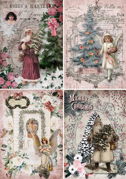 Decoupage Queen, Shabby Christmas, Santa, Angels, Squares, Vintage Style, DQRP 0368-A4, 8.3" X 11.7", Rice Paper, Decoupage