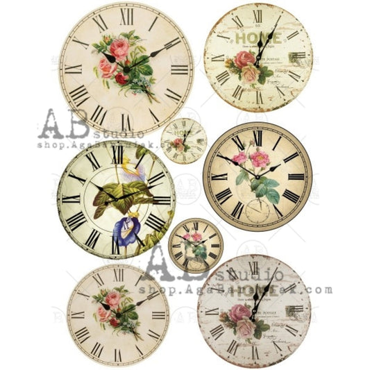 AB Studio Shabby Chic Clock Faces Roses Rice paper A4 No. 0412 Size: 8.27 X 11.69 inches Rice Paper for Decoupage Imported from Poland