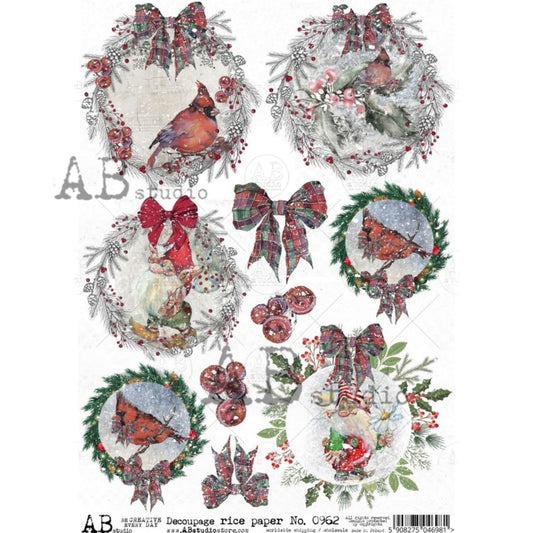 AB Studio Christmas Cardinal Rounds 0962 Size: A4 - 8.27 X 11.69 inches Rice Paper for Decoupage Imported from Poland