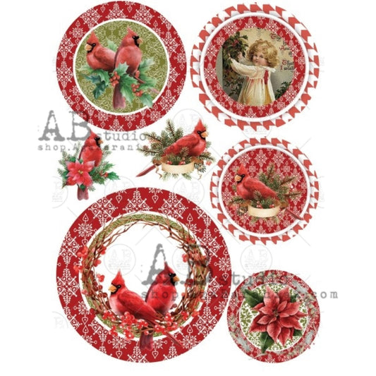 AB Studio, Christmas, Cardinal, Rounds, Ornaments, Birds, Vintage Style, 0445, A4, 8.27 X 11.69, Rice Paper, Decoupage, Imported from Poland