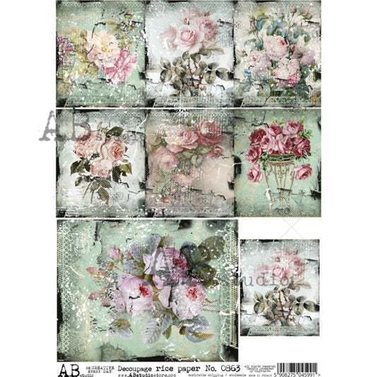 AB Studio Shabby Chic Vintage Roses Lace Squares 0863 Size: A4 - 8.27 X 11.69 inches Rice Paper for Decoupage Imported from Poland