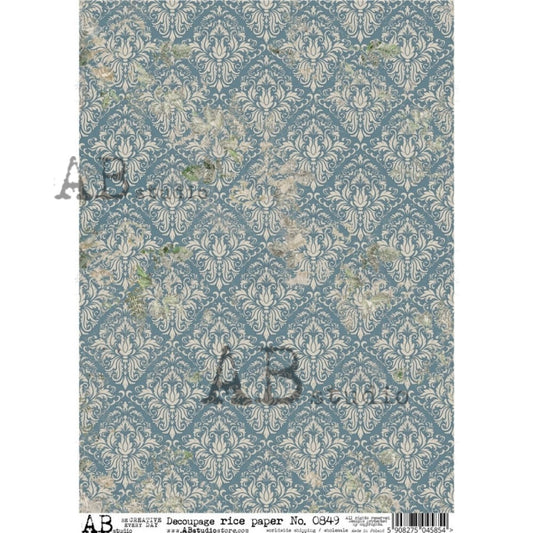 AB Studio Shabby Chic Vintage Victorian Wallpaper Blue White 0849 Size: A4 8.27 X 11.69 inches Rice Paper for Decoupage Imported from Poland