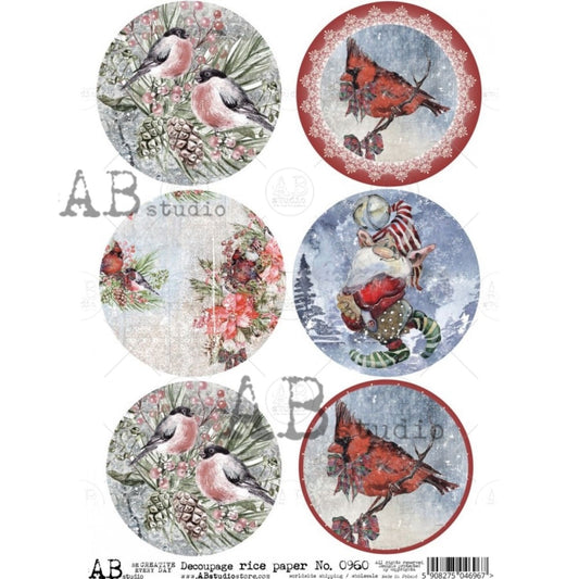 AB Studios Rice Paper Bird Christmas Ornament Rounds A4 0960 8.27 X 11.69 inches Rice Paper for Decoupage Imported from Poland