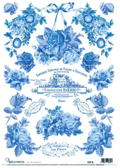 Calambour, Italian Design, Blue and White, Floral, Roses, Garland, TCR 71- A3 PLUS Rice Paper for Decoupage 32.9 x 48.3 cm 12.9 x 19 in Calambour