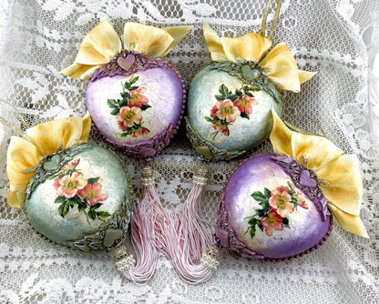 Handcrafted, Shabby Chic, Valentine Heart Ornament Set of 4, Decoupage Pink Cupid Love Heart Ornaments, Valentine's Day Ornament Decorations Handmade by Pamela