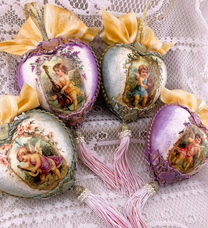 Handcrafted, Shabby Chic, Valentine Heart Ornament Set of 4, Decoupage Pink Cupid Love Heart Ornaments, Valentine's Day Ornament Decorations Handmade by Pamela
