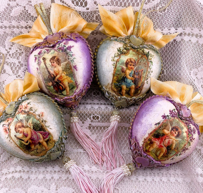 Handcrafted, Shabby Chic, Valentine Heart Ornament Set of 4, Decoupage Pink Cupid Love Heart Ornaments, Valentine's Day Ornament Decorations Handmade by Pamela