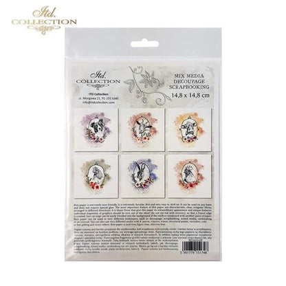 ITD Collection Rice Paper Mini Set for Decoupage RSM008, 6 sheets of rice paper 14,8x14,8 cm, Farm Animals, Cow, Rooster, Hen, goat, dog ITD Collection