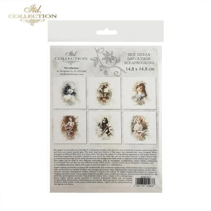 ITD Collection Rice Paper Mini Set for Decoupage RSM017, 6 sheets of rice paper 14,8x14,8 cm, Shabby chic children portrait, Vintage, Rounds ITD Collection