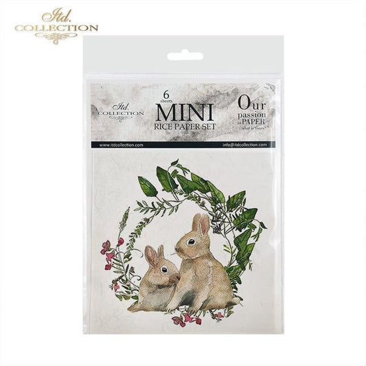 ITD Collection Rice Paper Mini Set for Decoupage RSM038, 6 sheets of rice paper 14,8x14,8 cm, bunny, chic, Easter Rounds, Wreaths