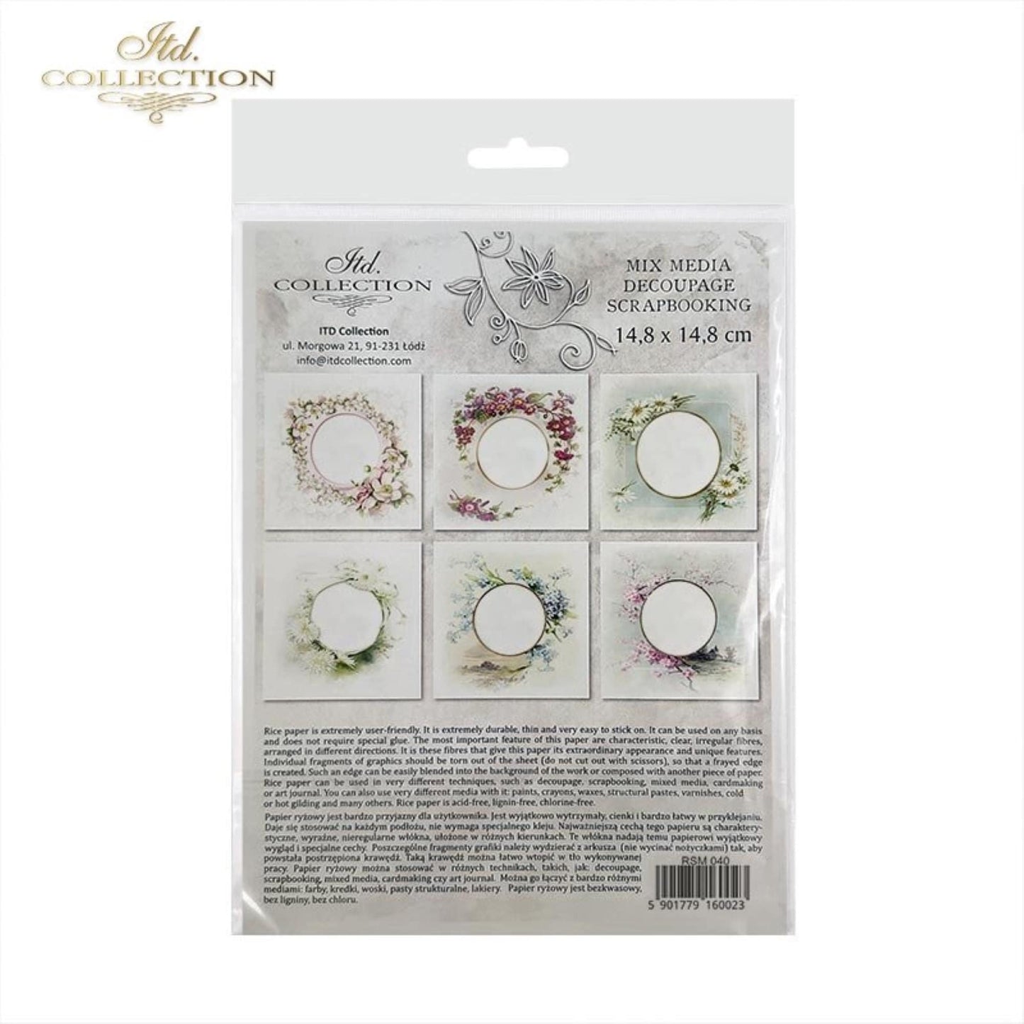 ITD Collection Rice Paper Mini Set for Decoupage RSM040, 6 sheets of rice paper 14,8x14,8 cm, Floral Frames, Spring Flowers, Frames