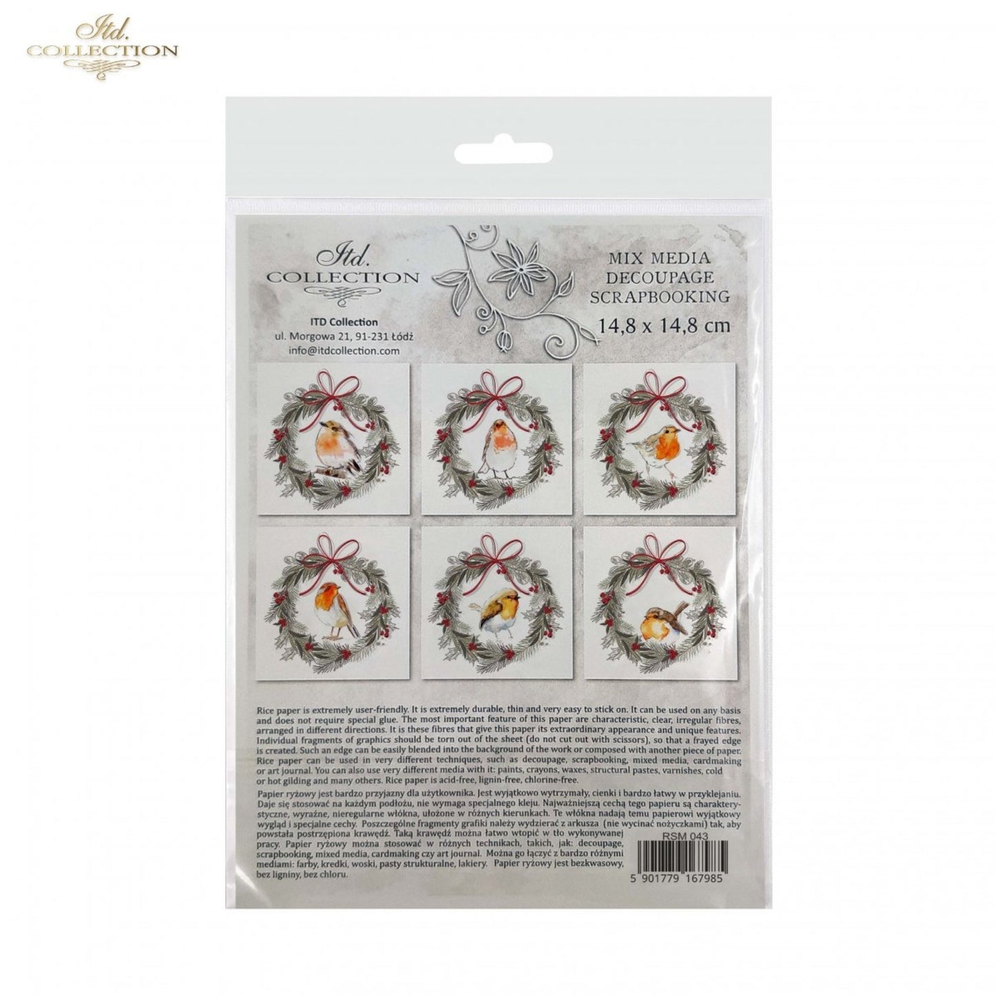 ITD Collection Rice Paper Mini Set Decoupage RSM043, 6 sheets, Christmas Wreaths, Birds, Rounds, Holiday Themes, Ornament Rounds