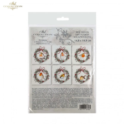 ITD Collection Rice Paper Mini Set Decoupage RSM043, 6 sheets, Christmas Wreaths, Birds, Rounds, Holiday Themes, Ornament Rounds ITD Collection