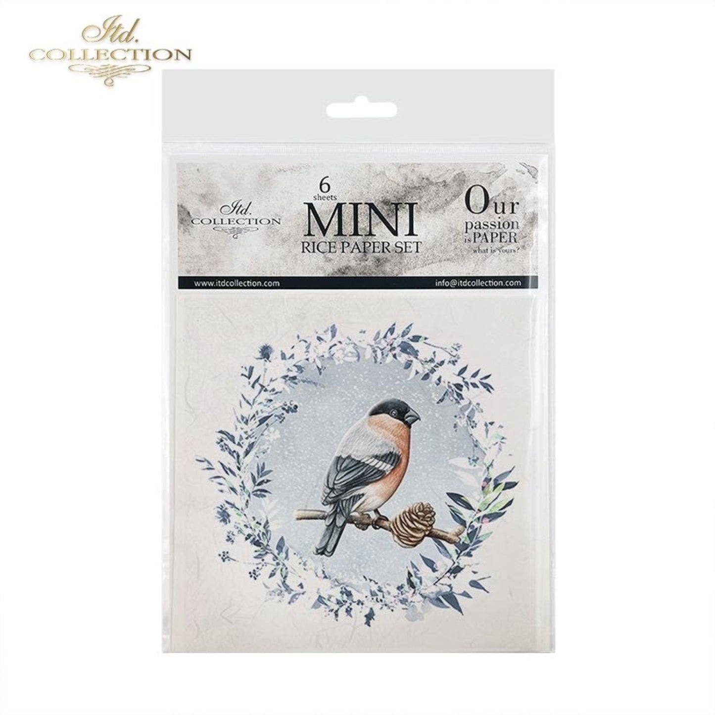 ITD Collection Rice Paper Mini Set for Decoupage RSM049, 6 sheets of rice paper 14,8x14,8 cm, ice, snow, winter birds, Christmas wreaths