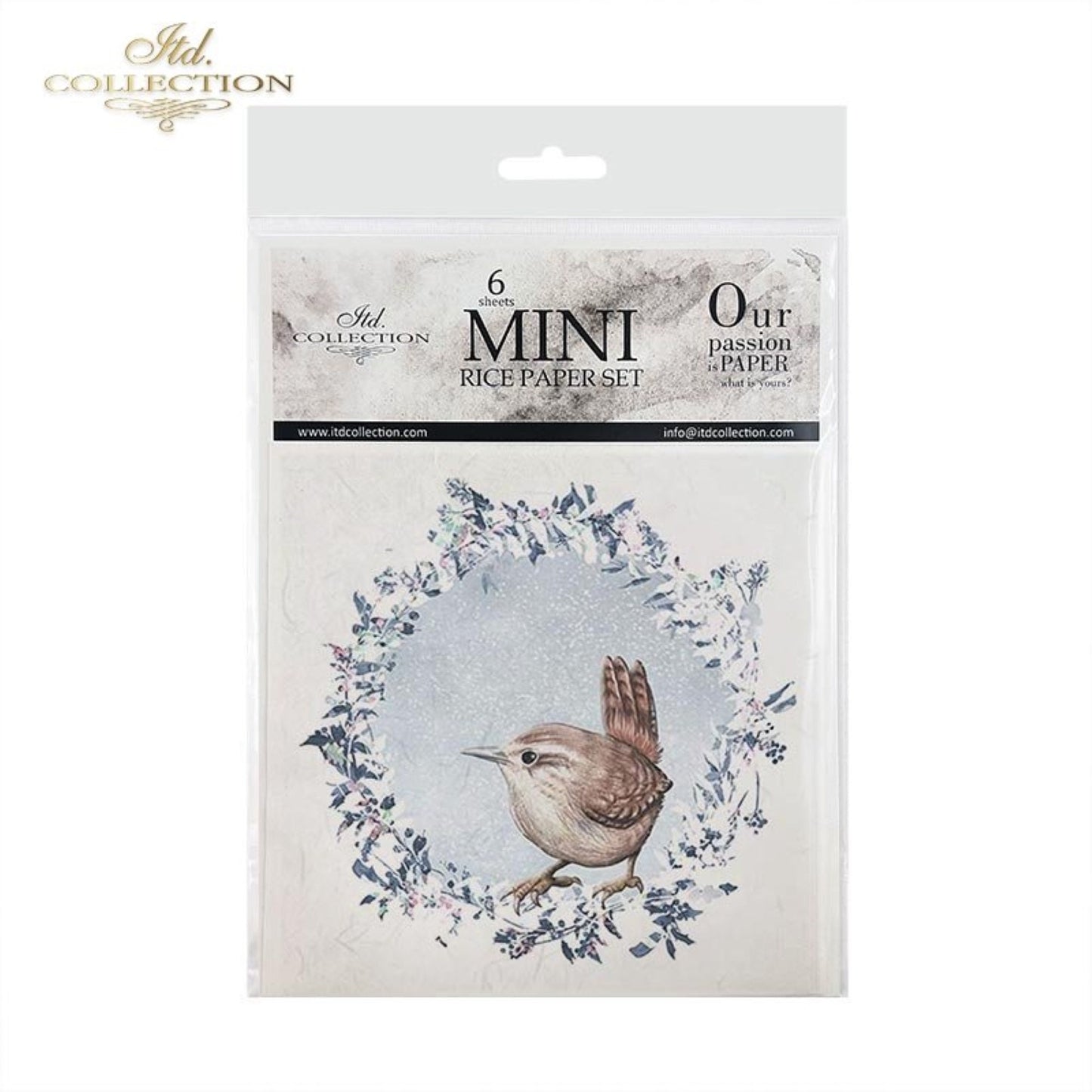 ITD Collection Rice Paper Mini Set for Decoupage RSM050, 6 sheets of rice paper 14,8x14,8 cm, ice, snow, winter birds, Christmas wreaths