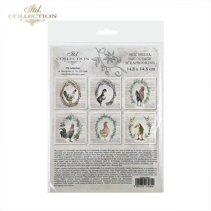 ITD Collection Rice Paper Mini Set for Decoupage RSM056, 6 sheets of rice paper 14,8x14,8 cm, hens and roosters, Wreaths, Farm Animals ITD Collection
