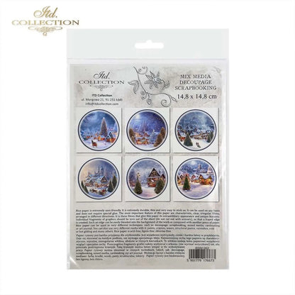 ITD Collection Rice Paper Mini Set for Decoupage RSM062, 6 sheets of rice paper 14,8x14,8 cm, Snow, Christmas, winter landscape Rounds ITD Collection