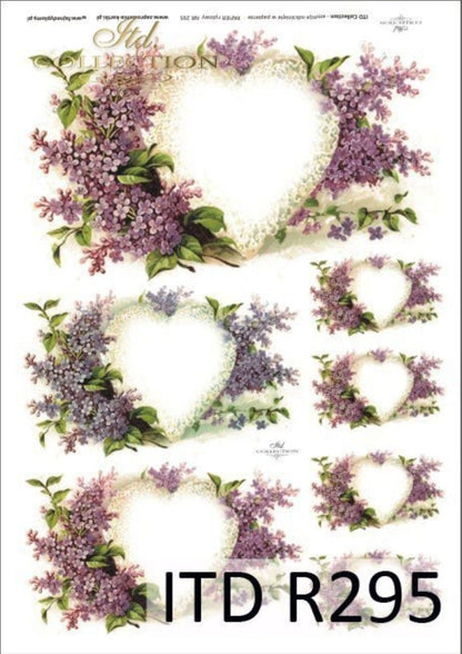 ITD Collection Rice Paper for Decoupage R0295, Size A4 - 210x297 mm, 8.27x11.7 inch, Valentine's Day, Lilac Hearts, Fillable Heart Frames ITD Collection