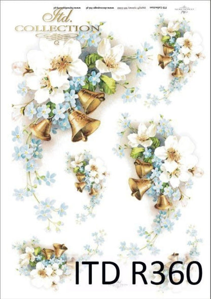 ITD Collection Rice Paper for Decoupage R0360, Size A4 - 210x297 mm, 8.27x11.7 inch, White Spring flowers, Wedding bells, bridal ITD Collection