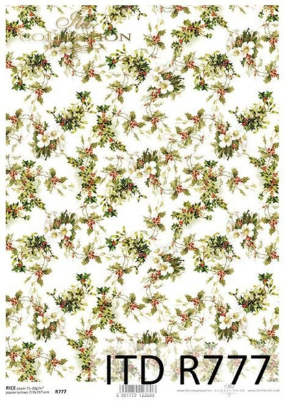ITD Collection Rice Paper for Decoupage R0777, Size A4 - 210x297 mm, 8.27x11.7 inch, Christmas Holly, Flowers, Floral Trim ITD Collection