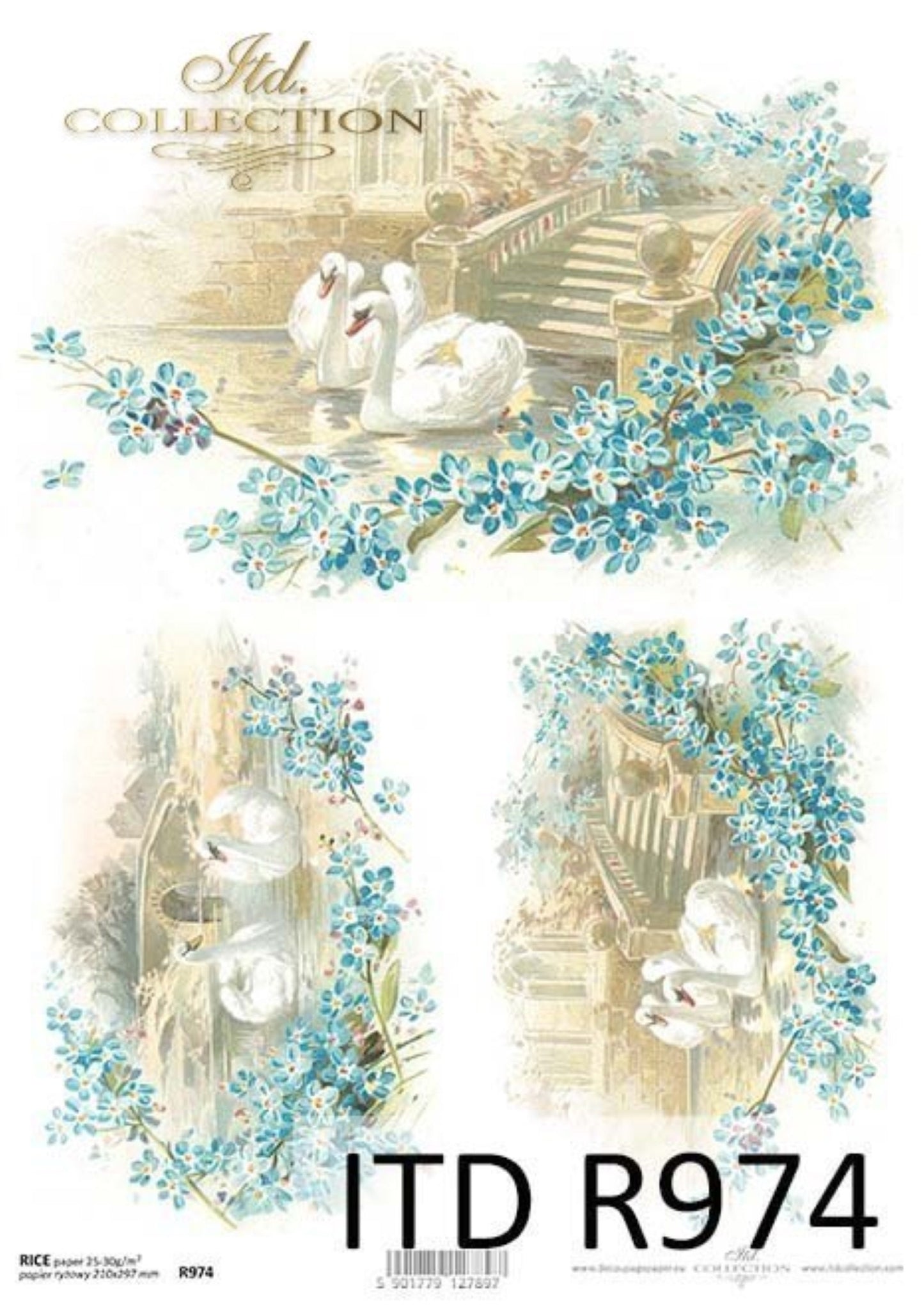 ITD Collection Rice Paper for Decoupage R0974, Size A4 - 210x297 mm, 8.27x11.7 inch, Shabby Chic flowers, swans