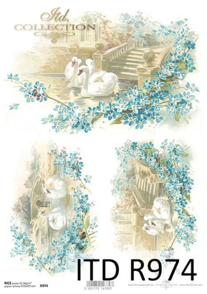 ITD Collection Rice Paper for Decoupage R0974, Size A4 - 210x297 mm, 8.27x11.7 inch, Shabby Chic flowers, swans ITD Collection